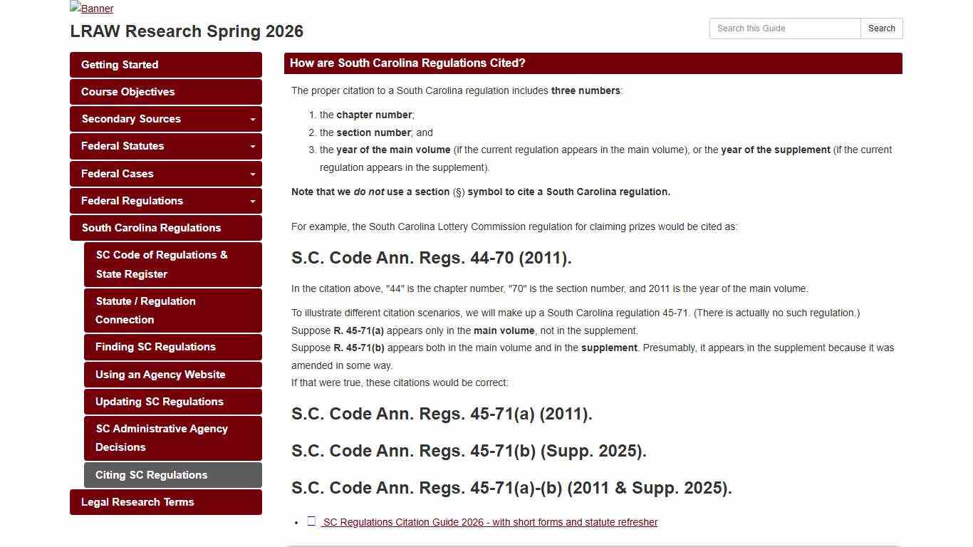 Citing SC Regulations - LRAW Research Spring 2026 - LibGuides at University of South Carolina School of Law
